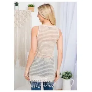 Crochet Ryu Ryu | Tops | New Ryu Cream Crochet Detail Sleeveless Top With Fringe ...